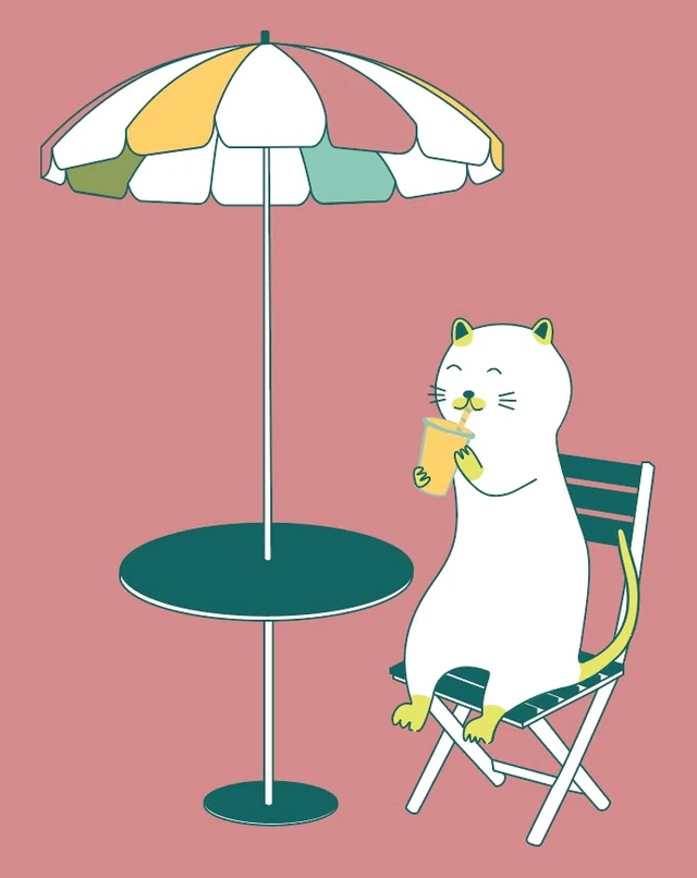 Ilustración: un gato tomando un batido bajo una sombrilla